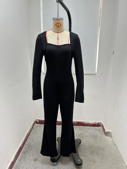 Elevate Your Style with Our Women’s Long Sleeve Square Collar Jumpsuit - Perfect for Shaping Your Waist and Lifting Your Hips!