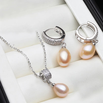 Luxury 925 Silver Natural Freshwater Pearl Necklace and Earrings Set for Women - Elegant Gift for Birthdays, Wives, and Mothers in White