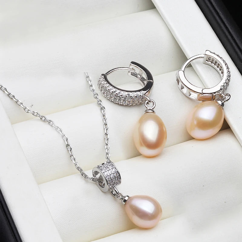 Luxury 925 Silver Natural Freshwater Pearl Necklace and Earrings Set for Women - Elegant Gift for Birthdays, Wives, and Mothers in White