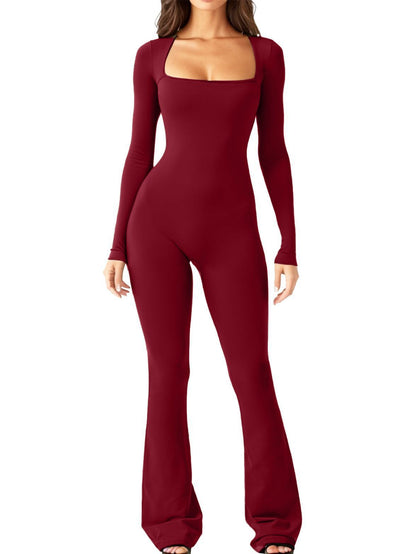 Elevate Your Style with Our Women’s Long Sleeve Square Collar Jumpsuit - Perfect for Shaping Your Waist and Lifting Your Hips!