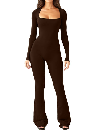 Elevate Your Style with Our Women’s Long Sleeve Square Collar Jumpsuit - Perfect for Shaping Your Waist and Lifting Your Hips!