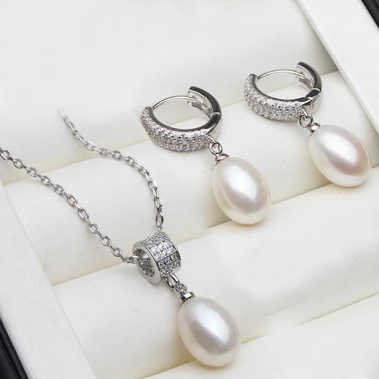 Luxury 925 Silver Natural Freshwater Pearl Necklace and Earrings Set for Women - Elegant Jewelry Gift for Wife or Mother on Birthdays