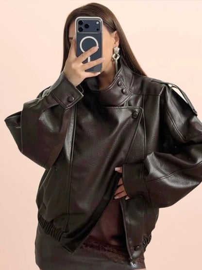Chaqueta Corta de Cuero Sintético Vintage – Cuello Alto Streetwear | Tallas S–L
