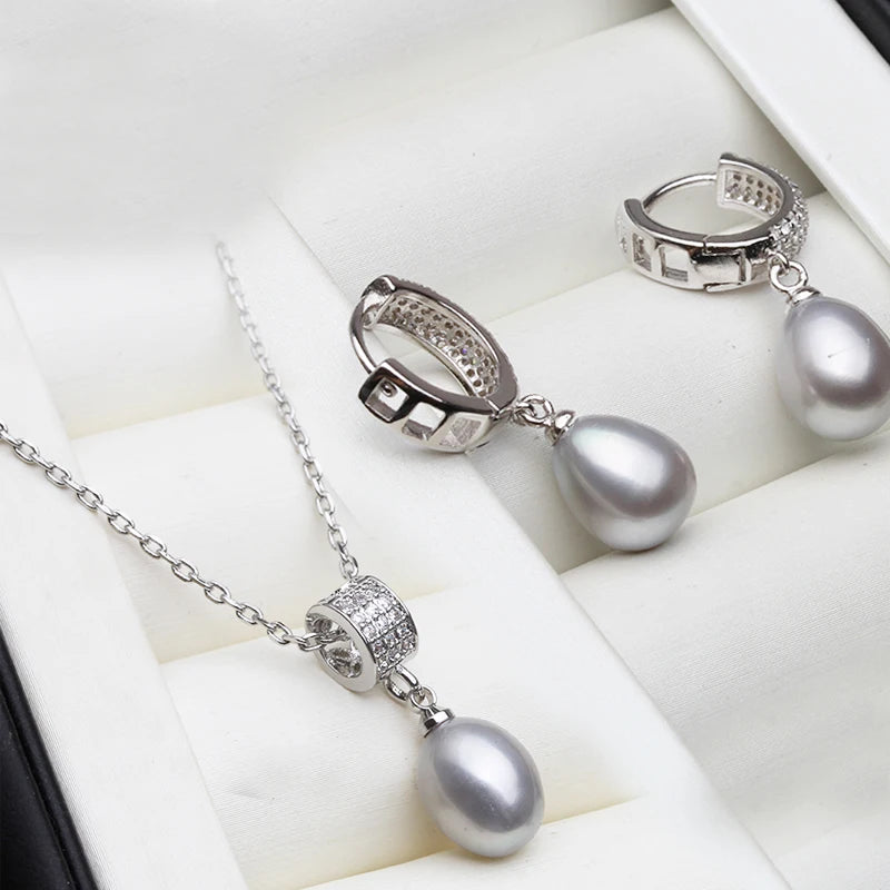 Luxury 925 Silver Natural Freshwater Pearl Necklace and Earrings Set for Women - Elegant Gift for Birthdays, Wives, and Mothers in White