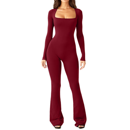 Elevate Your Style with Our Women’s Long Sleeve Square Collar Jumpsuit - Perfect for Shaping Your Waist and Lifting Your Hips!