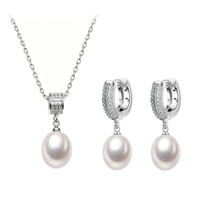 Luxury 925 Silver Natural Freshwater Pearl Necklace and Earrings Set for Women - Elegant Gift for Birthdays, Wives, and Mothers in White