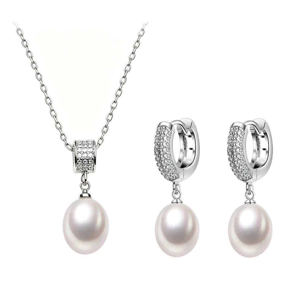 Luxury 925 Silver Natural Freshwater Pearl Necklace and Earrings Set for Women - Elegant Jewelry Gift for Wife or Mother on Birthdays