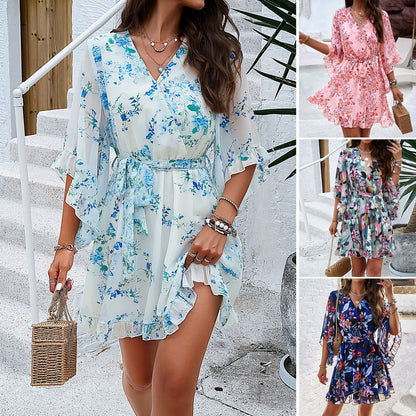 Chic Summer Floral Print Dress with Ruffles and Lace-Up Design - Perfect for Stylish Women