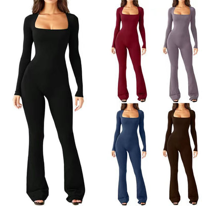 Elevate Your Style with Our Women’s Long Sleeve Square Collar Jumpsuit - Perfect for Shaping Your Waist and Lifting Your Hips!
