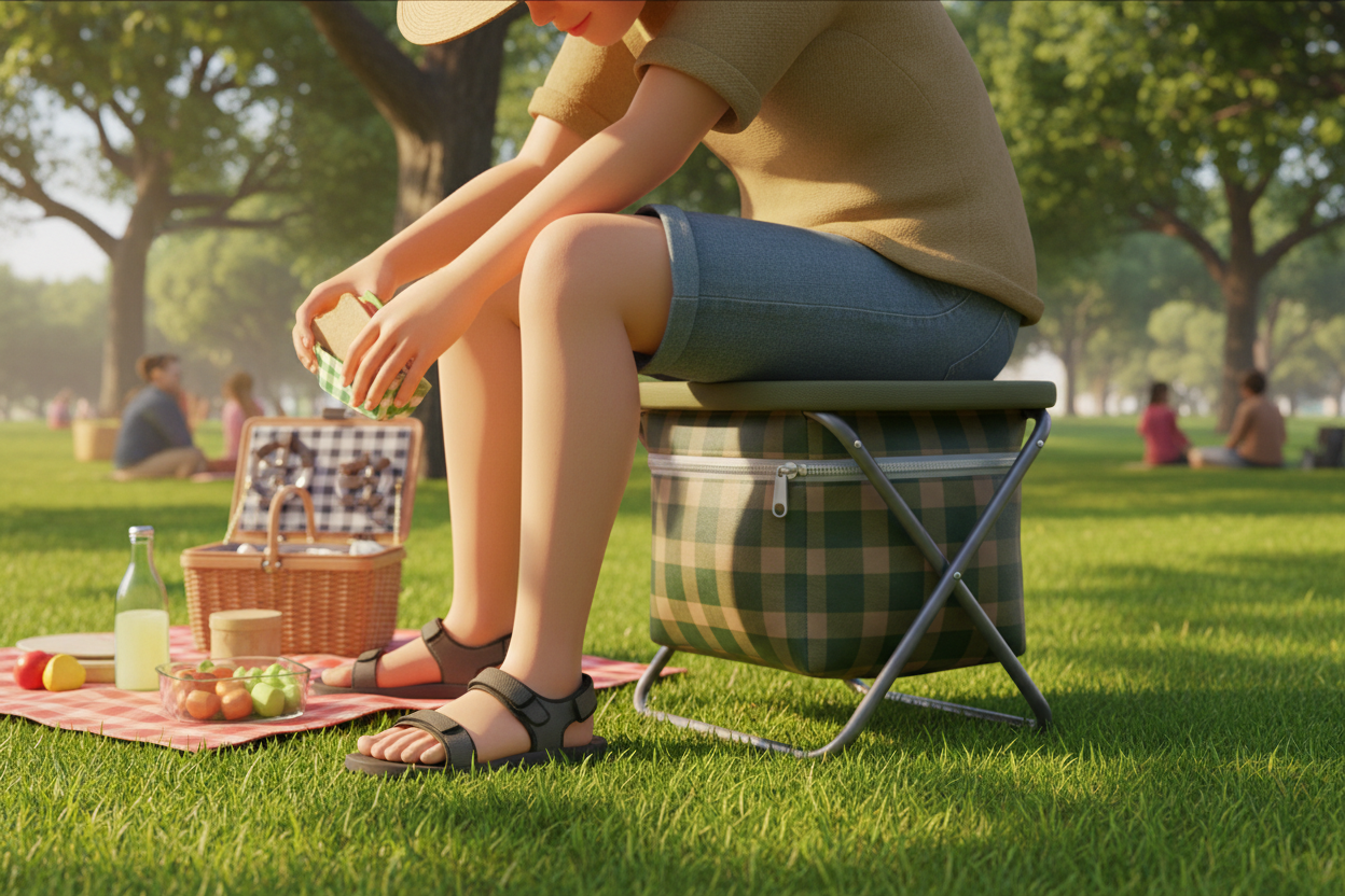 Persona disfrutando de un picnic sentada en taburete plegable con nevera integrada